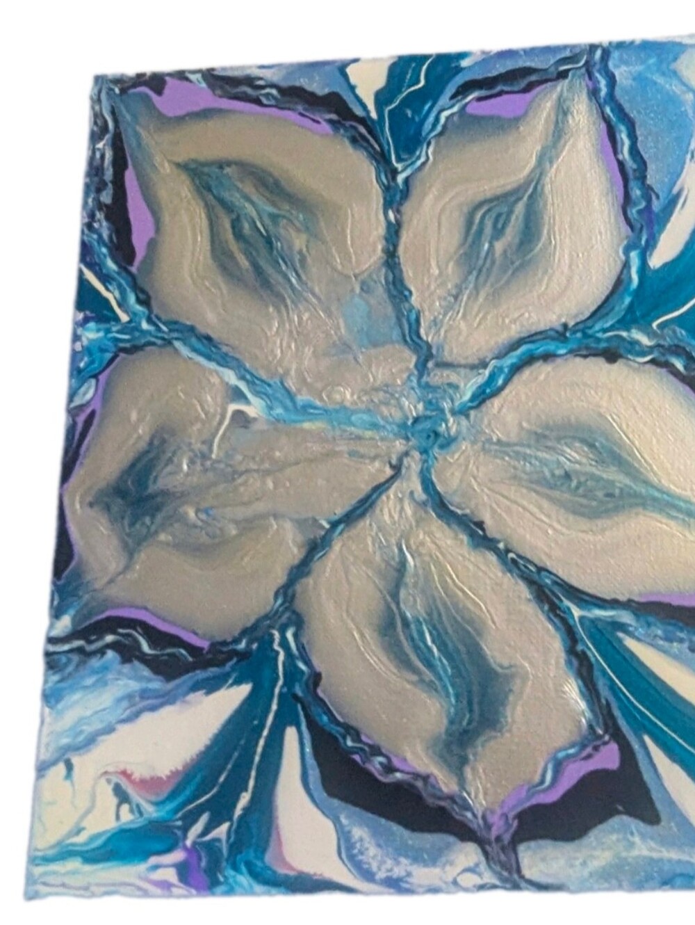 Abstract Fluid Pour Painting Teal Silver Acrylic 8" x 10" Home Decor Wall Art